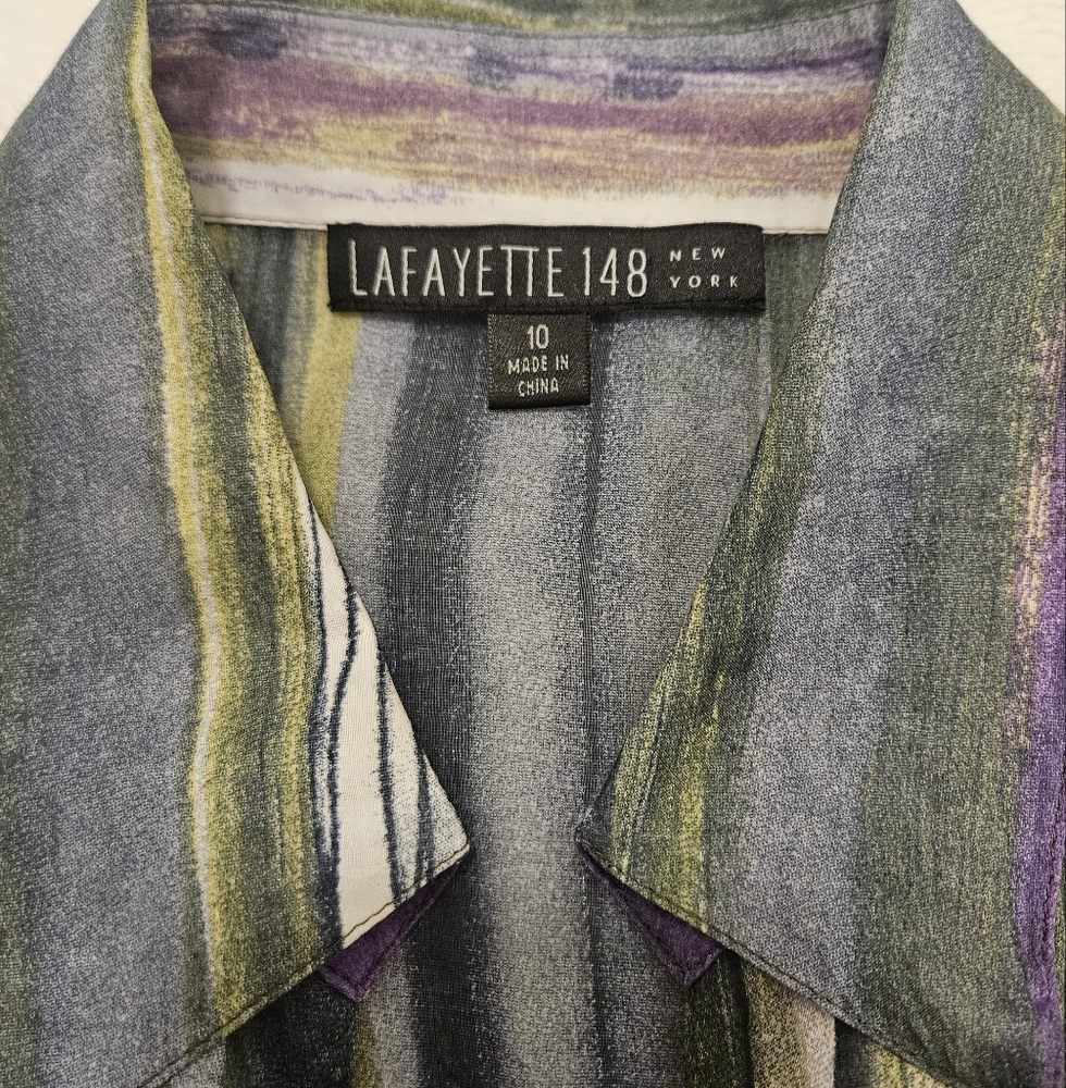 Lafayette 148 Purple And Green Tie Front Silk Blend Long Sleeve Size 10 - Picture 8 of 9